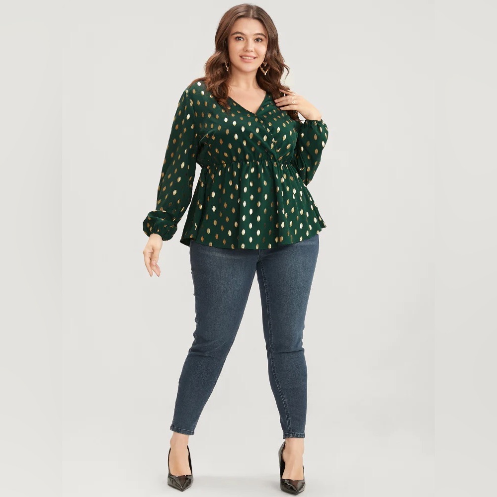 Polka Dot Lantern Sleeve Wrap Ruffle Blouse Large 12 #407